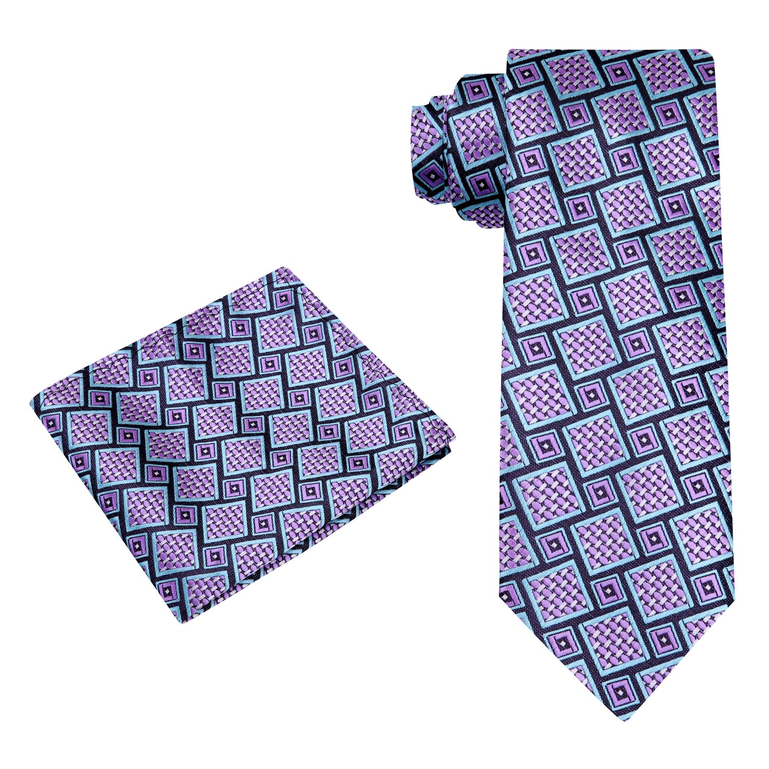 Alt View; A Grey, Teal, Purple Abstract Shapes Pattern Silk Necktie, Matching Pocket Square