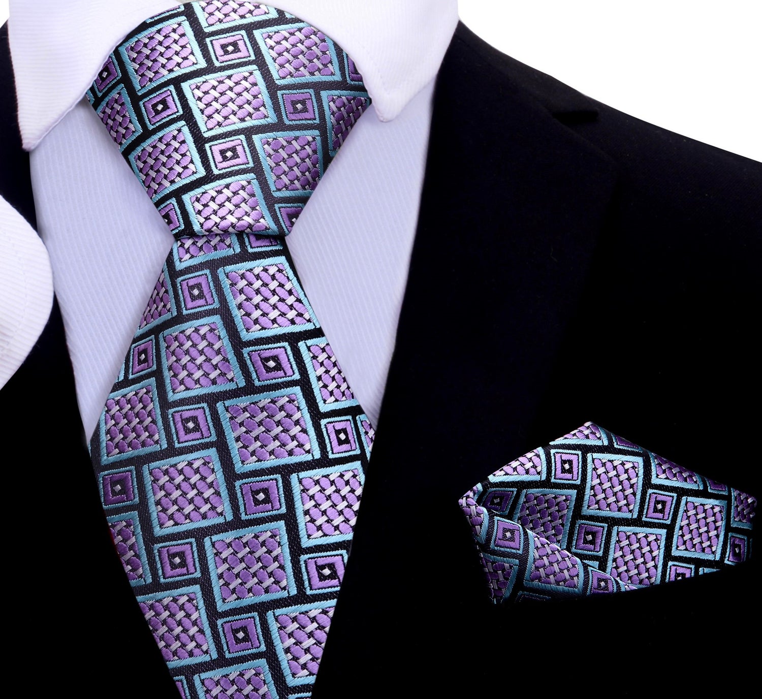 Main View: A Grey, Teal, Purple Abstract Shapes Pattern Silk Necktie, Matching Pocket Square