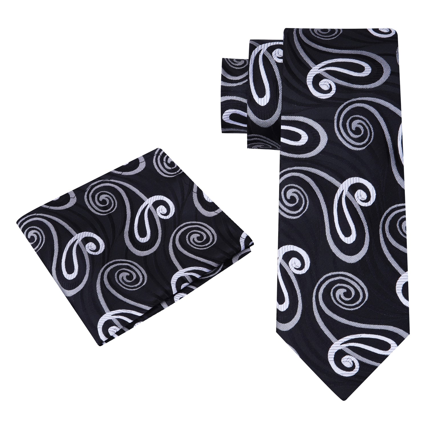 Alt View: A Black, Light Grey, White Pattern Silk Necktie, Matching Pocket Square