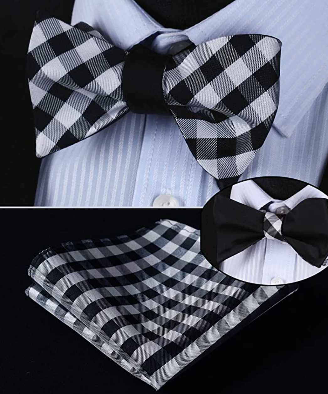 Black, Light Grey Check Bow Tie and Square