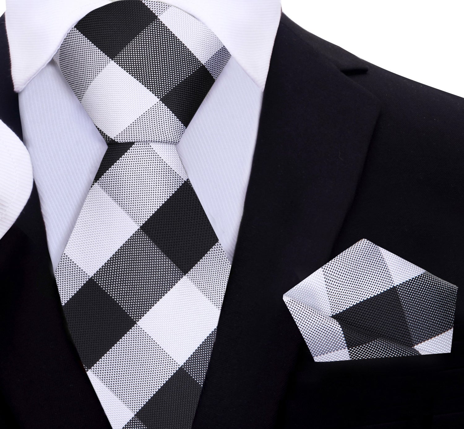 A Grey, Black Plaid Pattern Silk Necktie, Matching Pocket Square