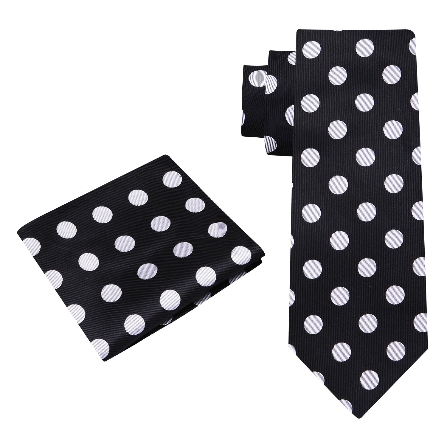 Alt View: A Black, Grey Polka Dot Pattern Silk Necktie, Matching Pocket Square