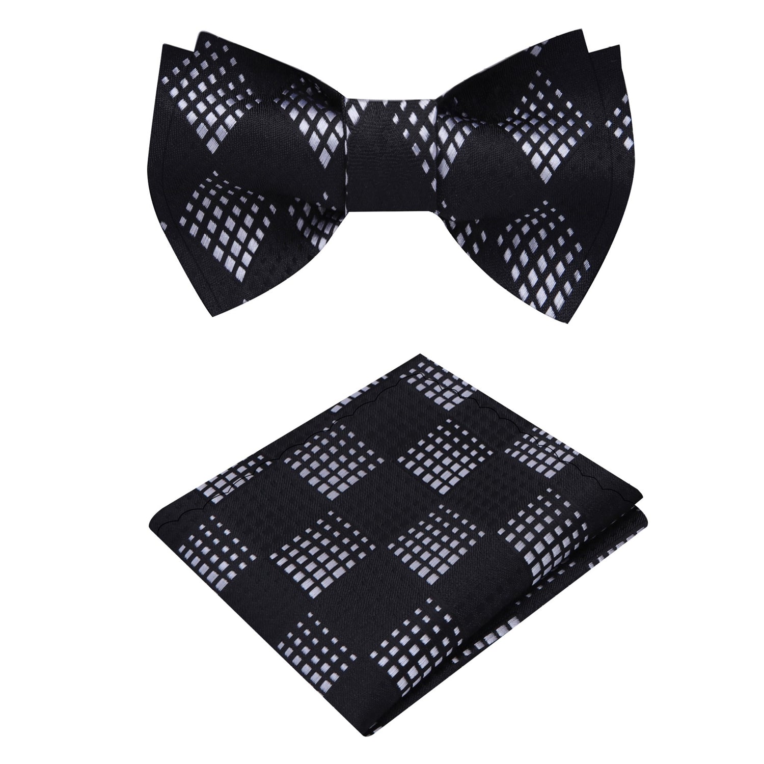 A Black, White Geometric Diamond Pattern Silk Self-Tie Bow Tie, Matching Pocket Square