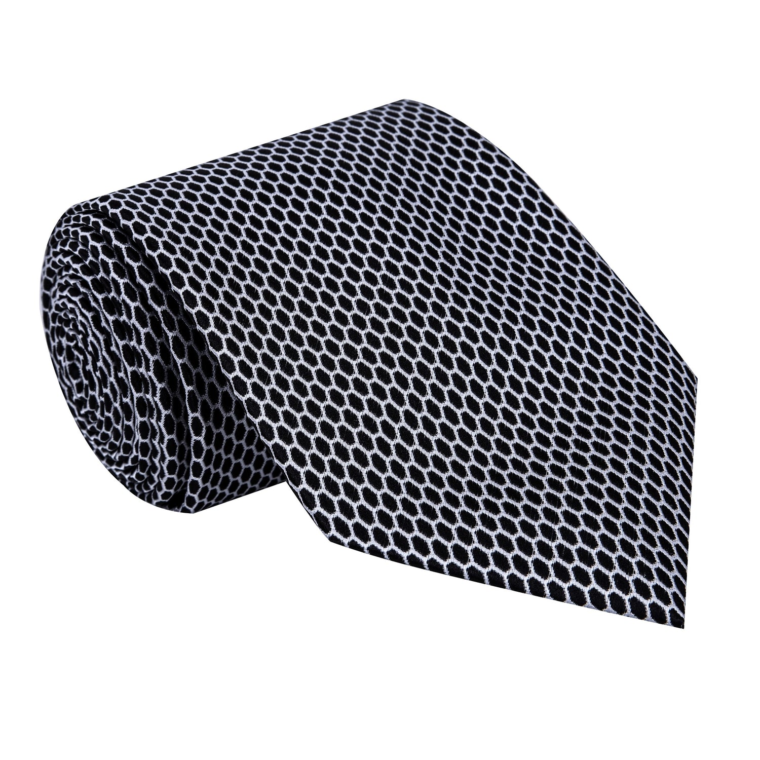 A Dark Graphite, White Geometric Oval Shaped Pattern Silk Necktie 
