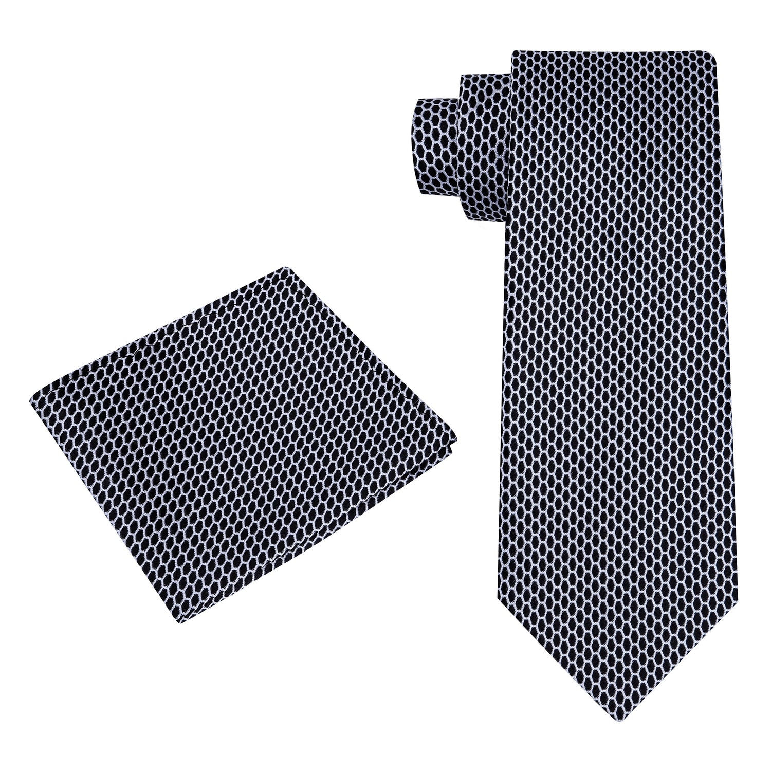 Alt View: A Dark Graphite, White Geometric Oval Shaped Pattern Silk Necktie, Matching Pocket Square
