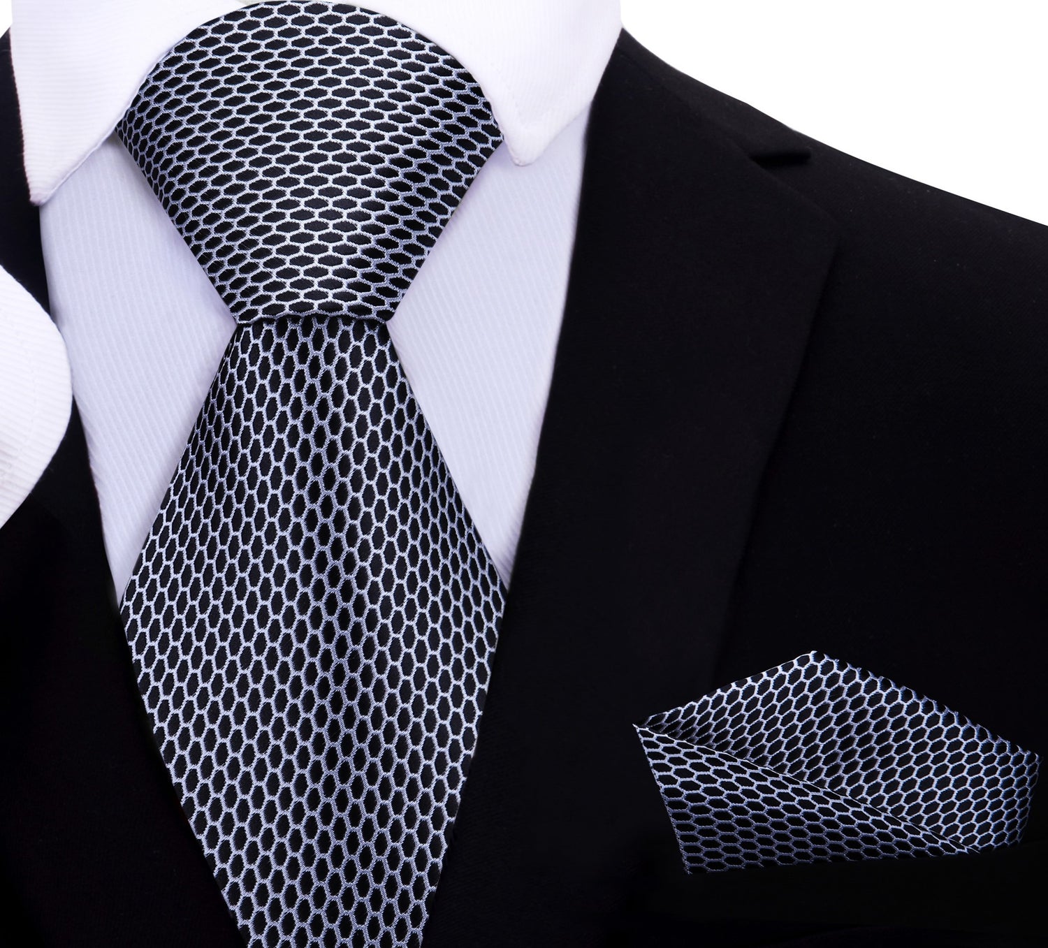 A Dark Graphite, White Geometric Oval Shaped Pattern Silk Necktie, Matching Pocket Square