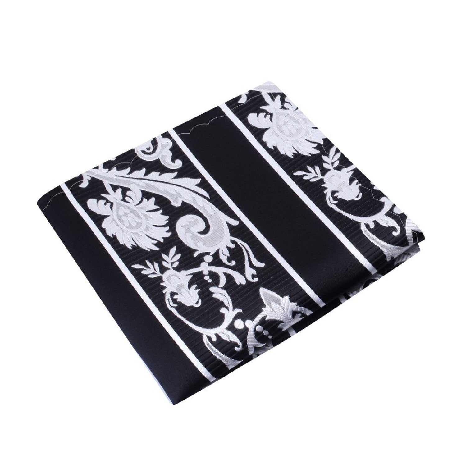A Black, White Floral With Stripe Pattern Silk Pocket Square