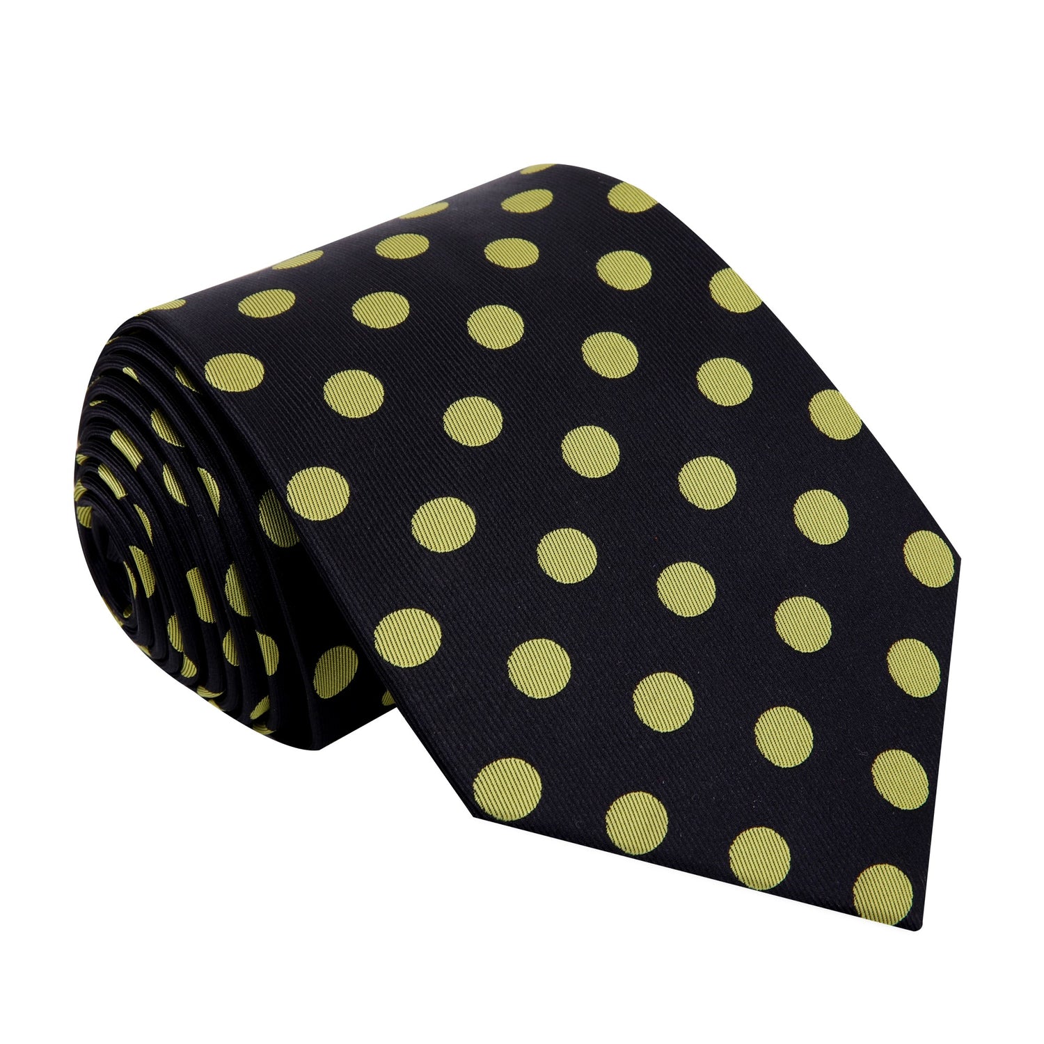 A Black, Yellow Polka Dot Pattern Silk Necktie 
