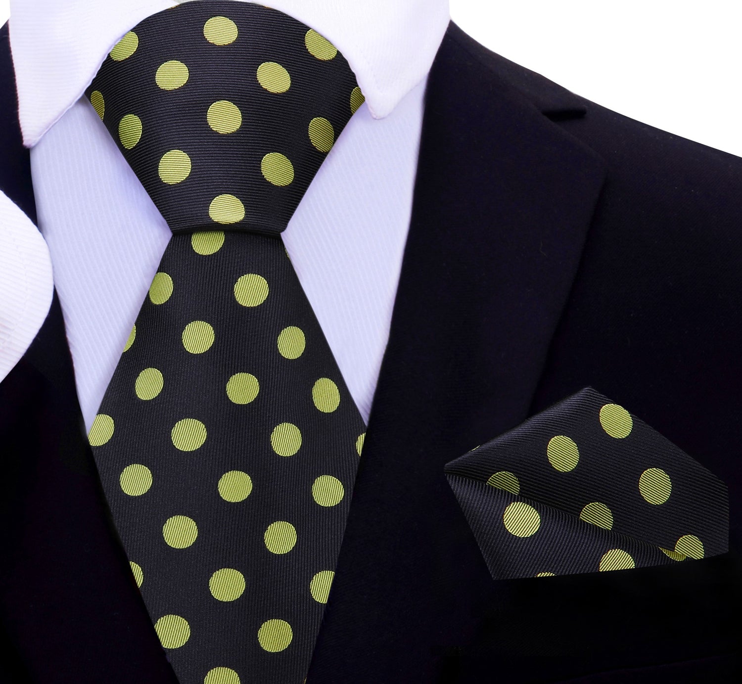A Black, Yellow Polka Dot Pattern Silk Necktie, Matching Pocket Square