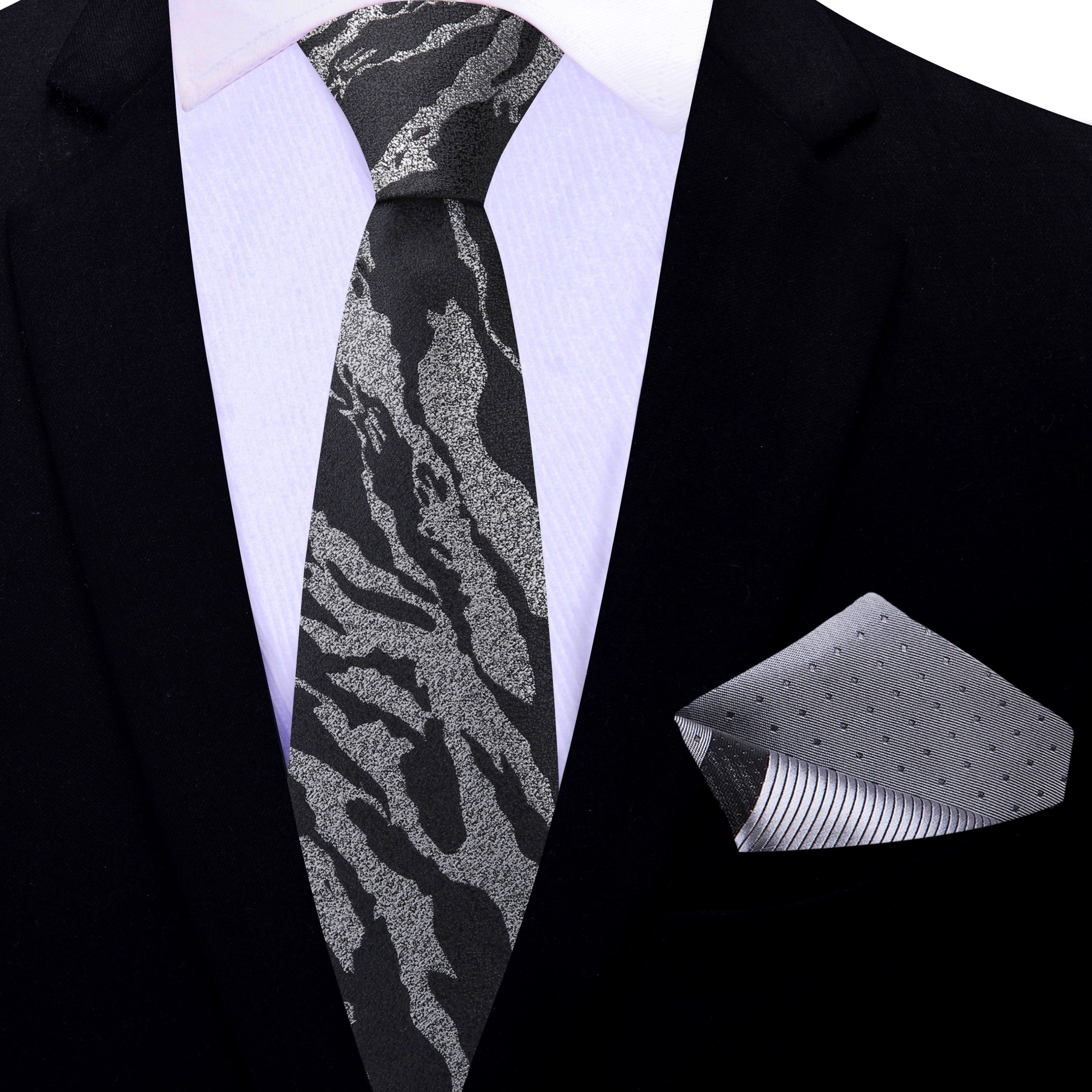 black dress shirt with silver tie Black Silver Abstract Tie for Weddings, Formal Events & Suits