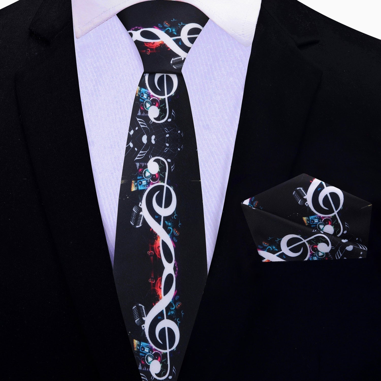 Thin Tie: Black, Multi Color Music Notes, Microphone Tie and Square