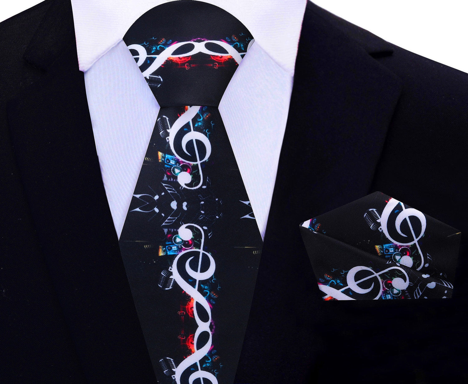 Black, Multi Color Music Notes, Microphone Tie and Square