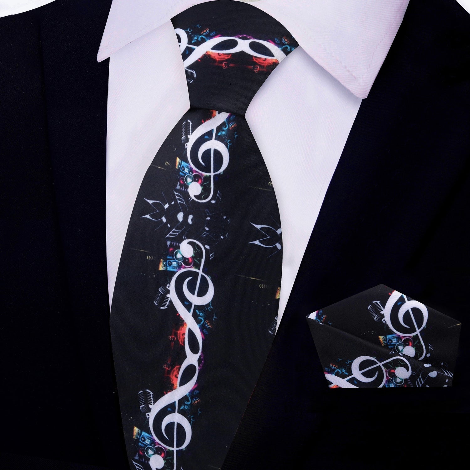 View 2: Black, Multi Color Music Notes, Microphone Tie and Square