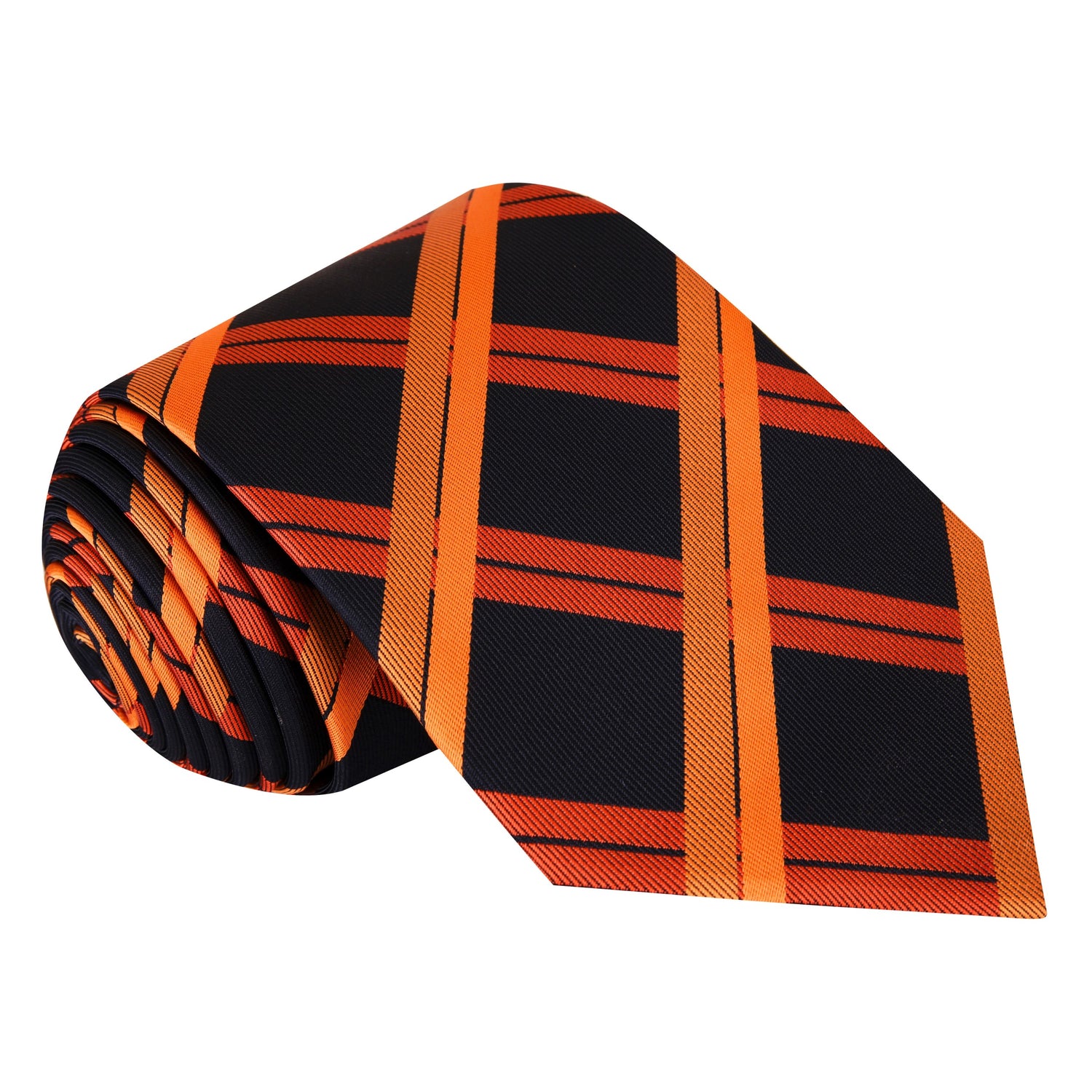 A Black, Orange Intersecting Lines Pattern Silk Necktie 