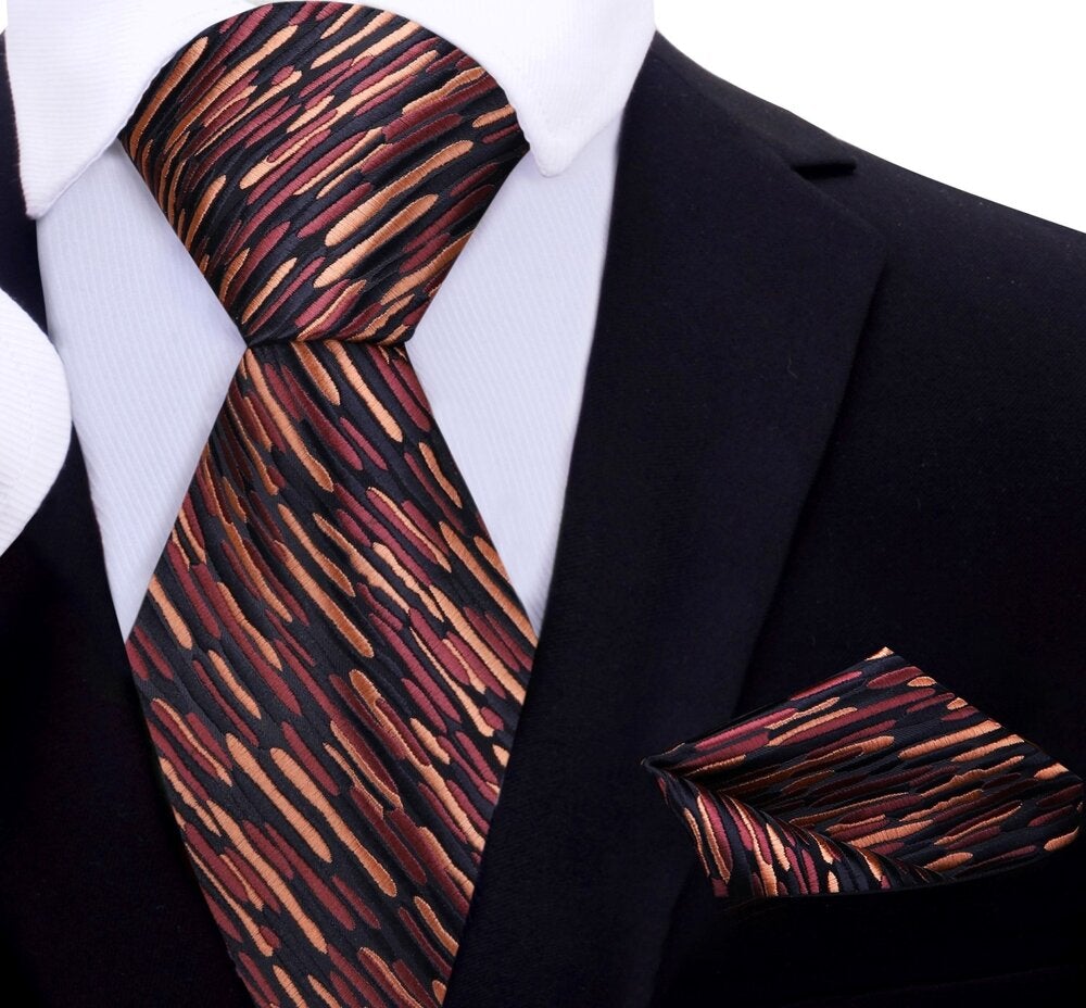 Black, Rust Abstract Tie and Pocket Square