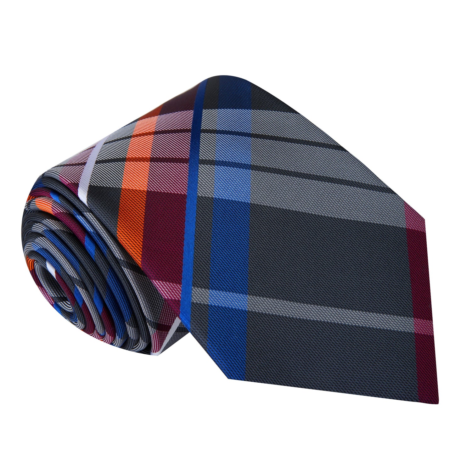 A Black, Burgundy, Orange, Blue Plaid Pattern Silk Necktie 
