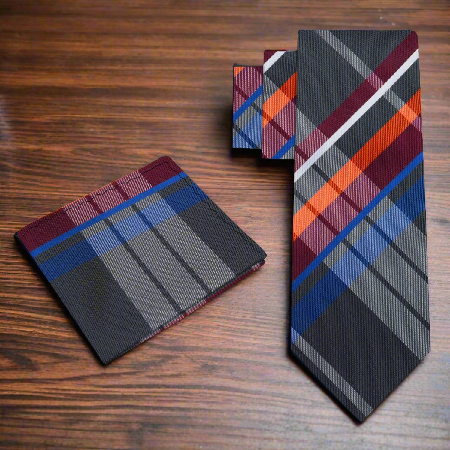 Alt View: A Black, Burgundy, Orange, Blue Plaid Pattern Silk Necktie, With Matching Pocket Square