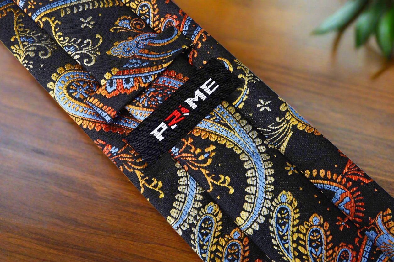 Black, Red, Orange, Yellow and Light Blue Paisley Tie Keep