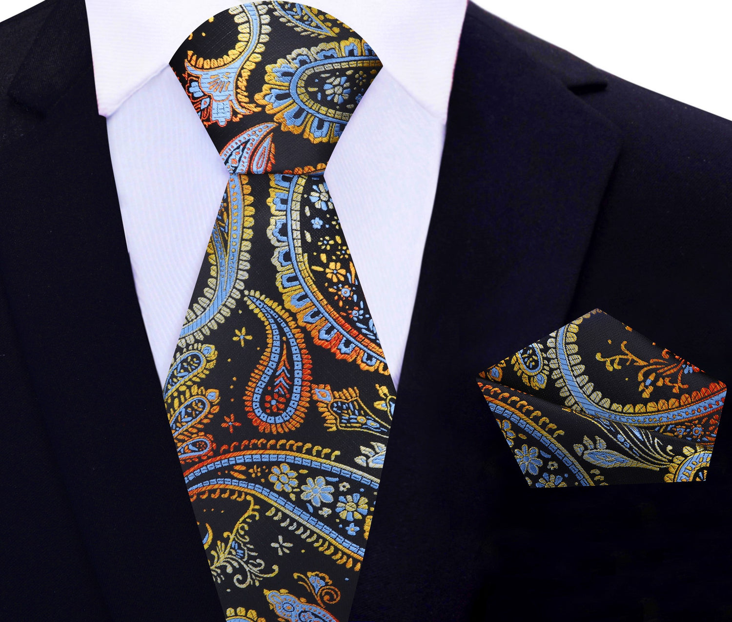 Main View: Black, Red, Orange, Yellow and Light Blue Paisley Tie and Pocket Square