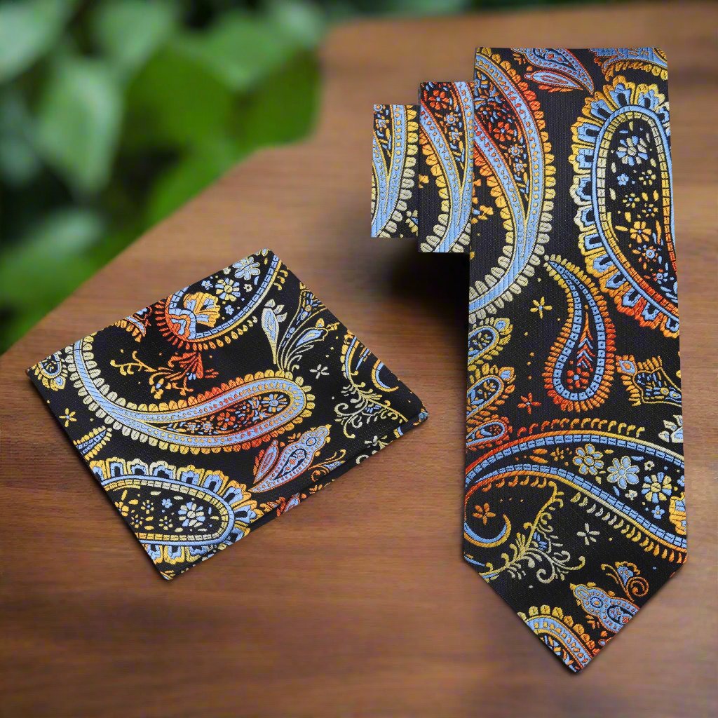 Alt View: Black, Red, Orange, Yellow and Light Blue Paisley Tie and Pocket Square