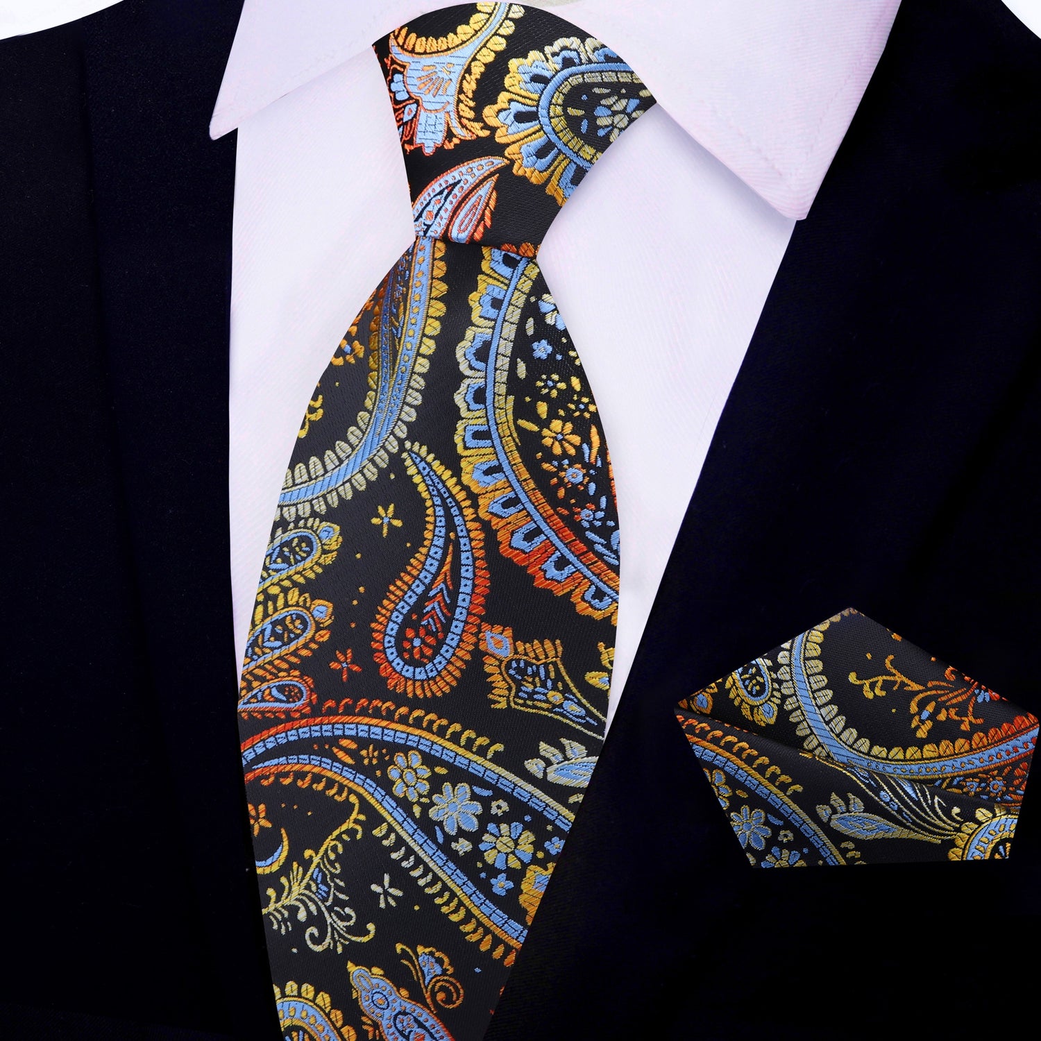 Black, Red, Orange, Yellow and Light Blue Paisley Tie and Pocket Square