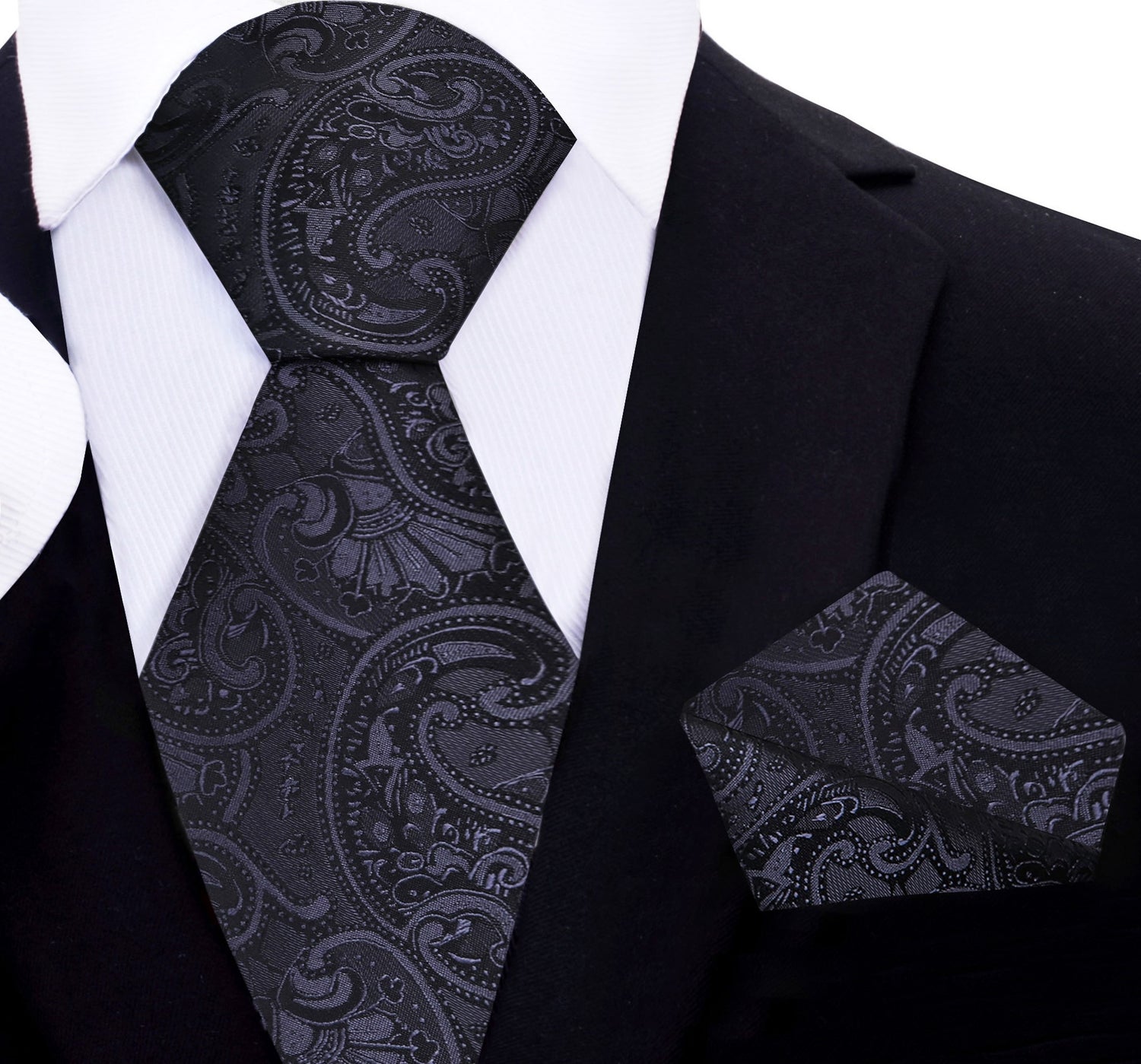 A Black, Graphite Paisley Pattern Silk Necktie and Pocket Square