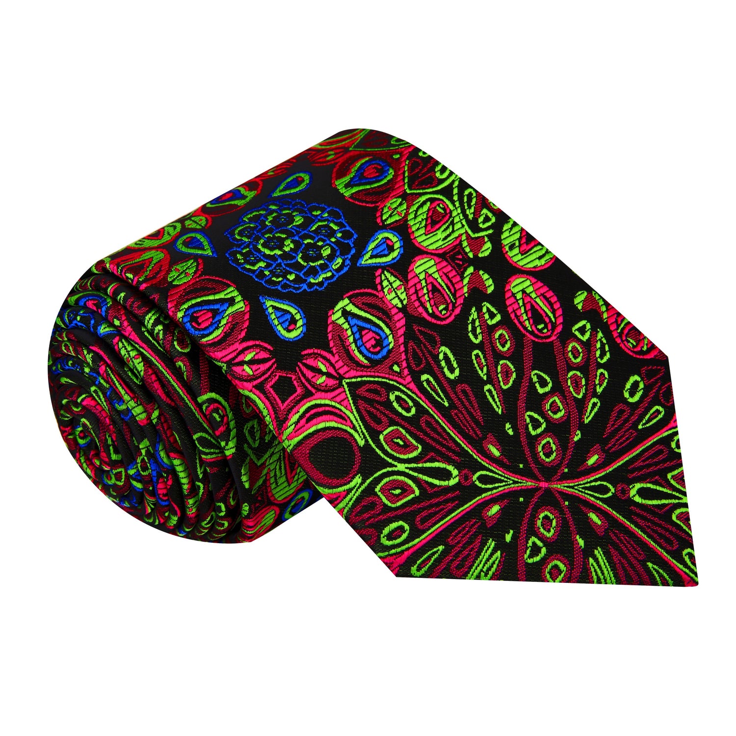 A Black, Neon Yellow, Pink Abstract Peacock Feather Pattern Silk Necktie 