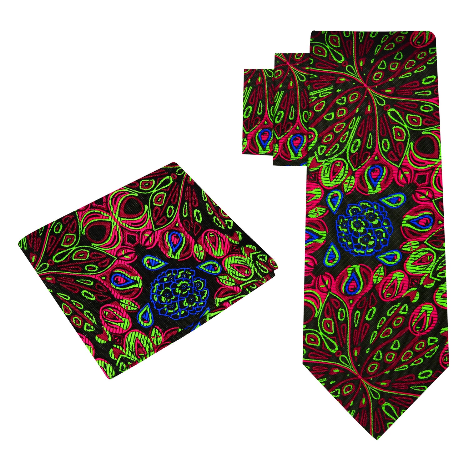 Alt View: A Black, Neon Yellow, Pink Abstract Peacock Feather Pattern Silk Necktie, Matching Pocket Square 