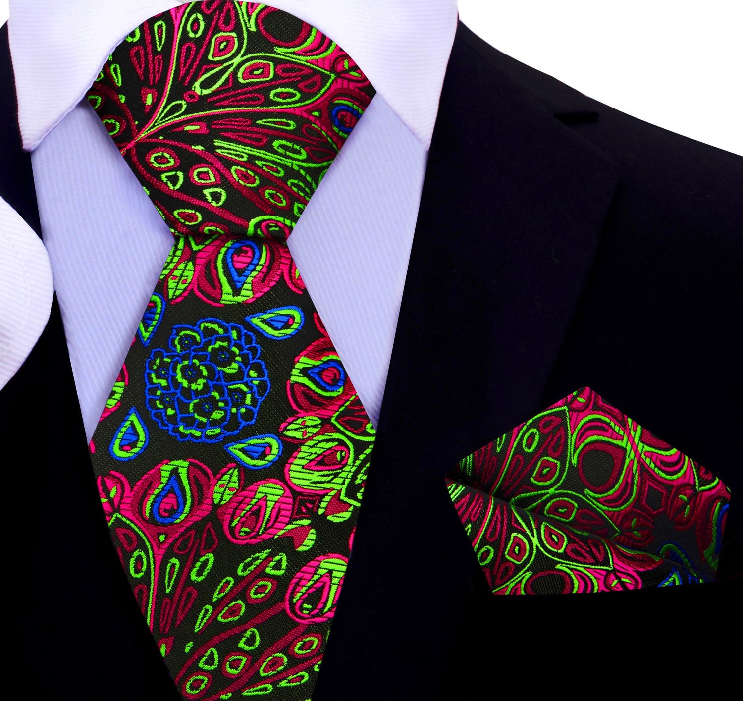 A Black, Neon Yellow, Pink Abstract Peacock Feather Pattern Silk Necktie, Matching Pocket Square 