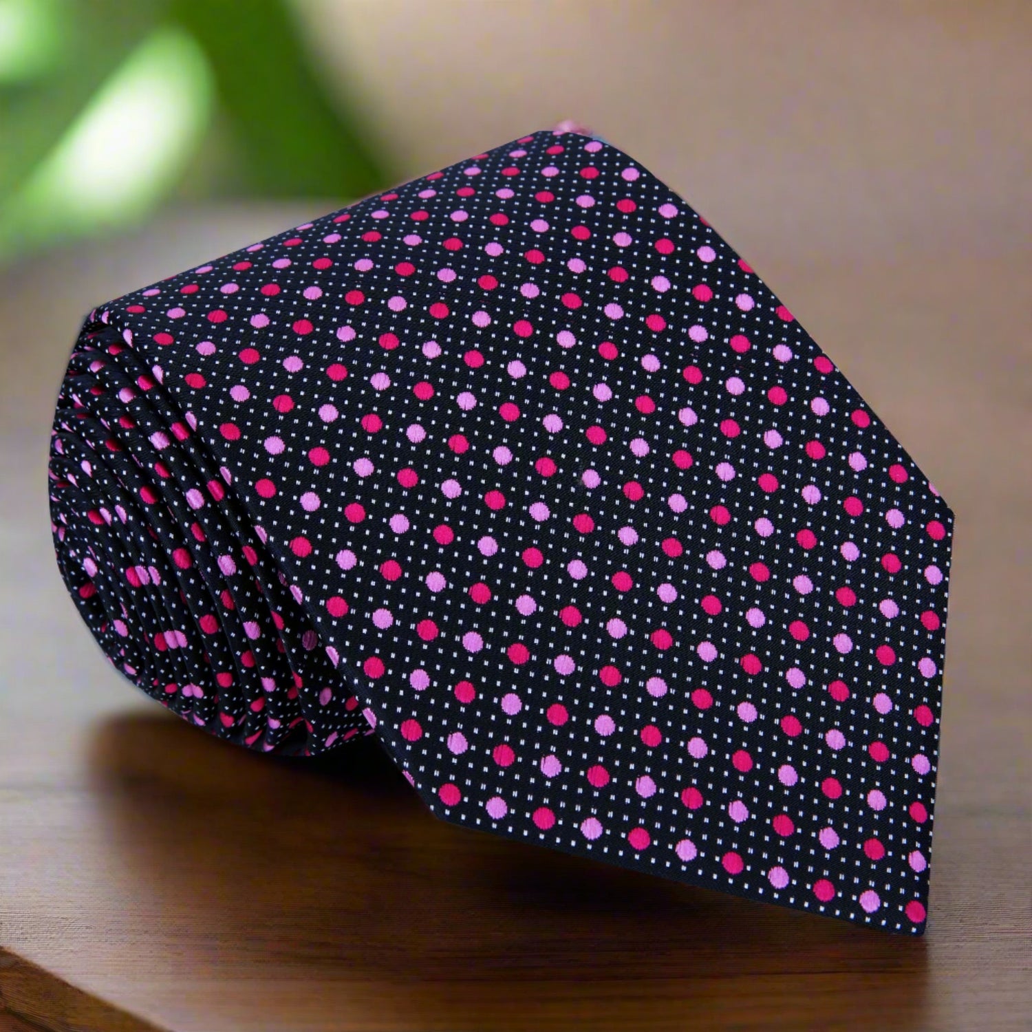 A Black, Pink, Light Grey Dots Pattern Silk Necktie  