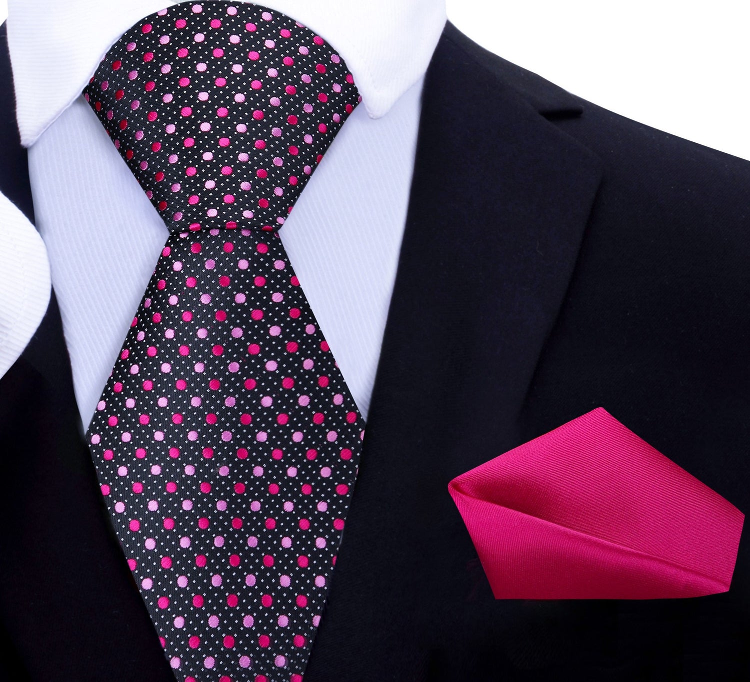 A Black, Pink, Light Grey Dots Pattern Silk Necktie and Pink Pocket Square