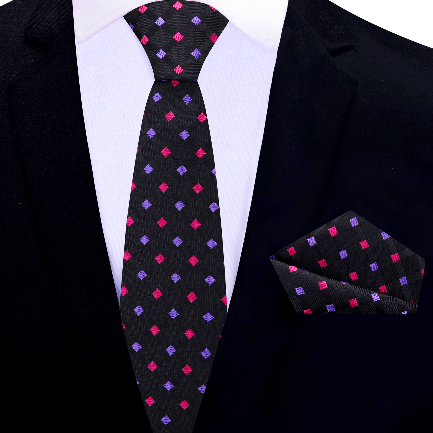 Black, Pink, Purple Geometric Thin Tie and Pocket Square