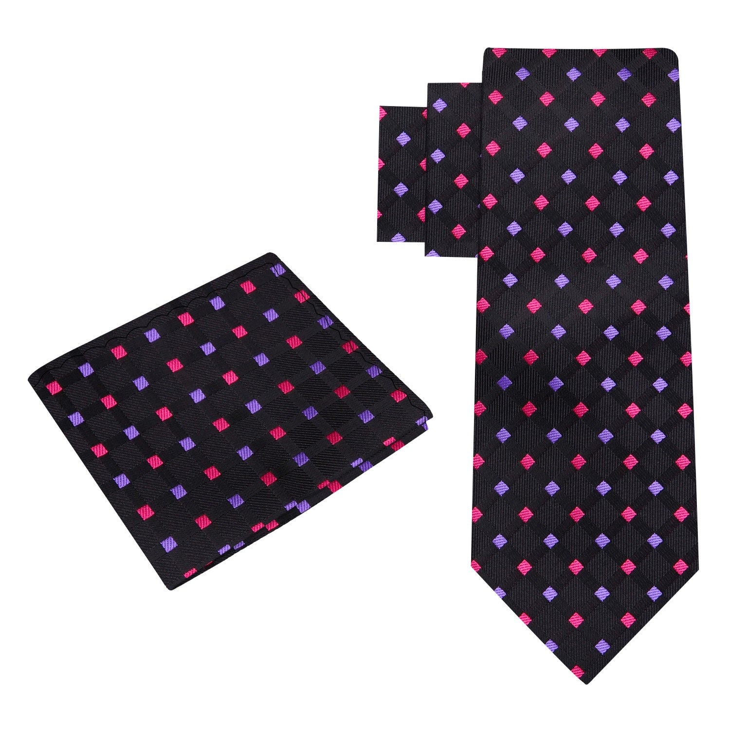 View 2: Black, Pink, Purple Geometric Tie and Pocket Square