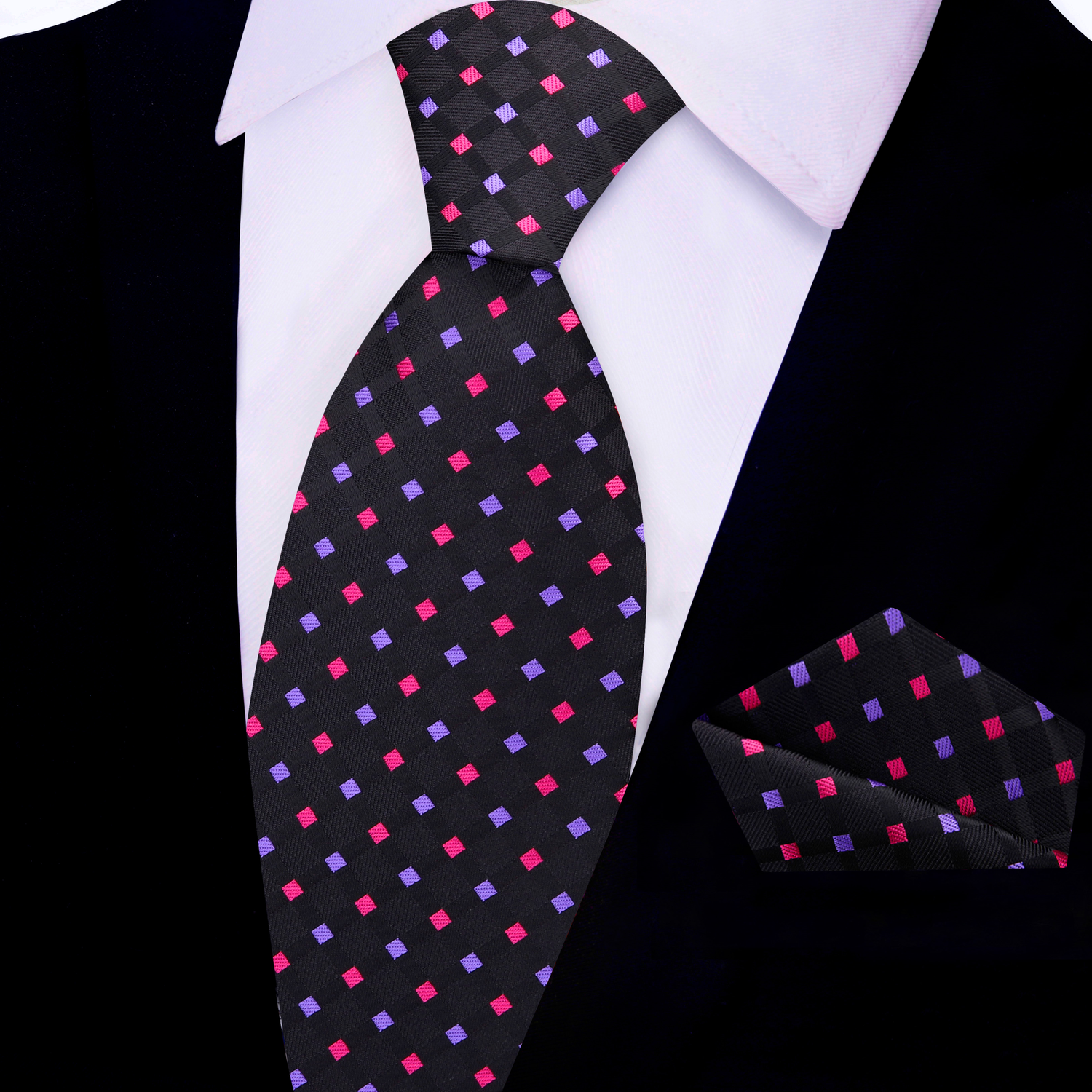 Black, Pink, Purple Geometric Tie and Pocket Square