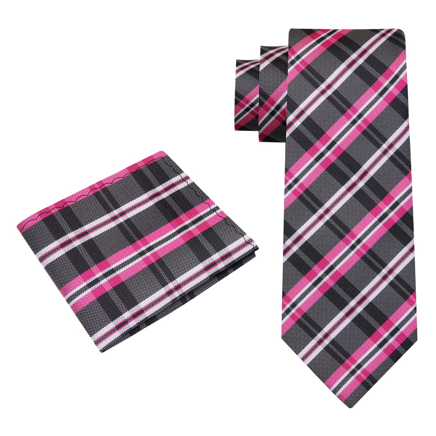 Alt View: A Pink, Black Plaid Pattern Silk Necktie, Matching Pocket Square