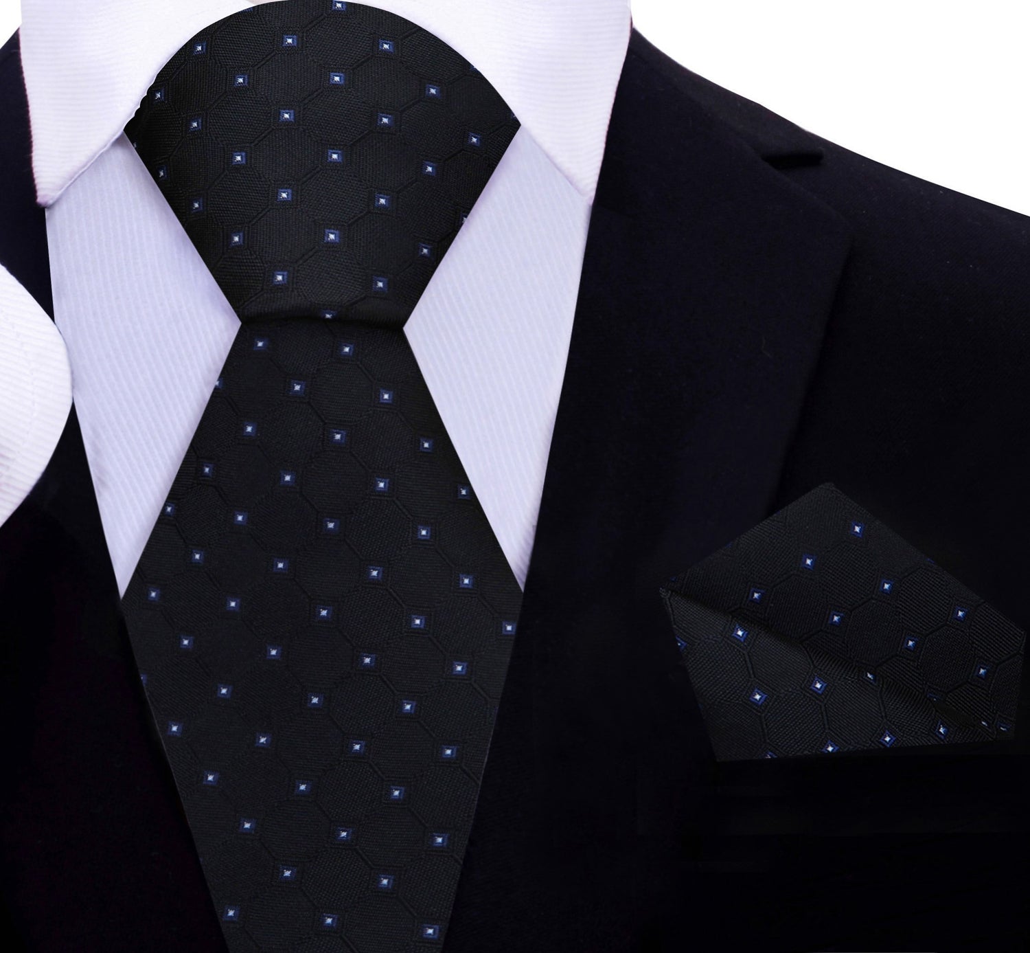 A Black, White Geometric Texture With Small Black, White Checks Silk Necktie, Pocket Square