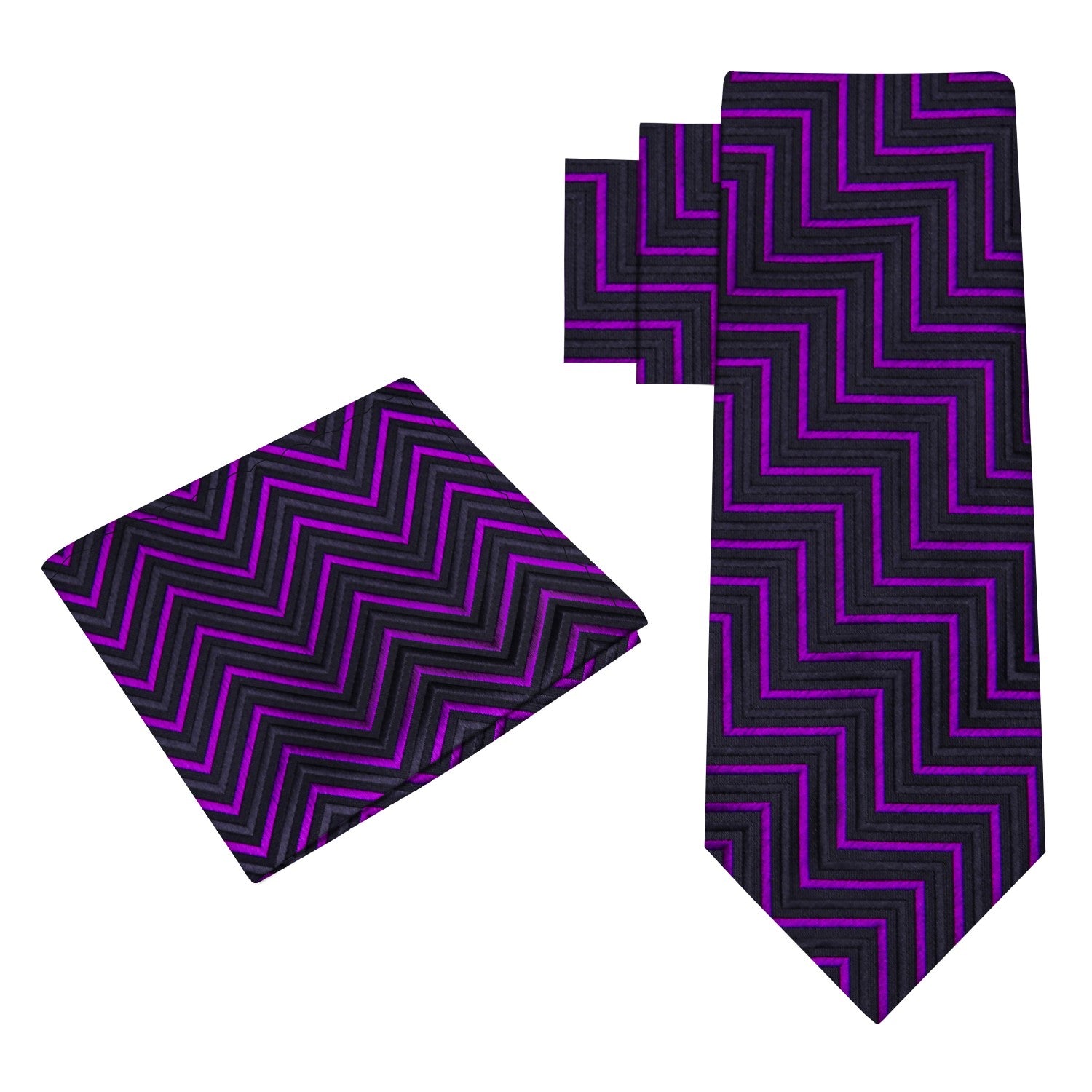 Alt View: A Purple, Black Geometric Pattern Silk Necktie With Matching Pocket Square