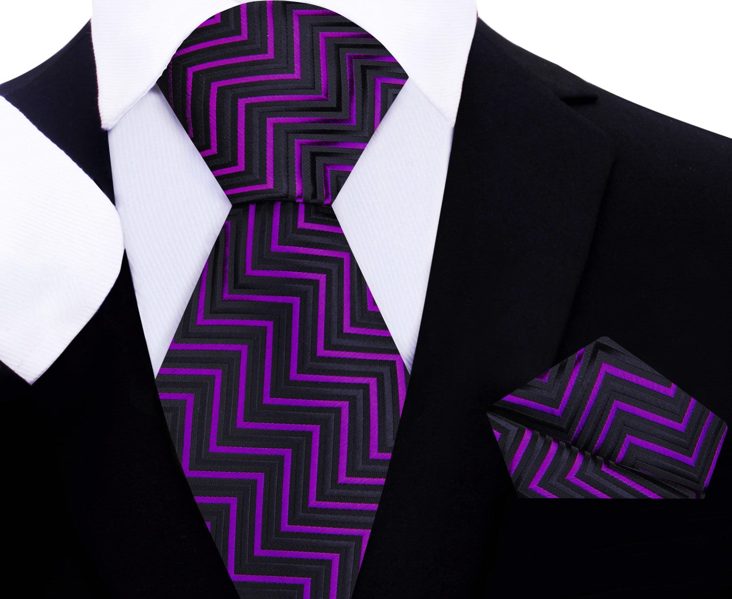 Main View: A Purple, Black Geometric Pattern Silk Necktie With Matching Pocket Square