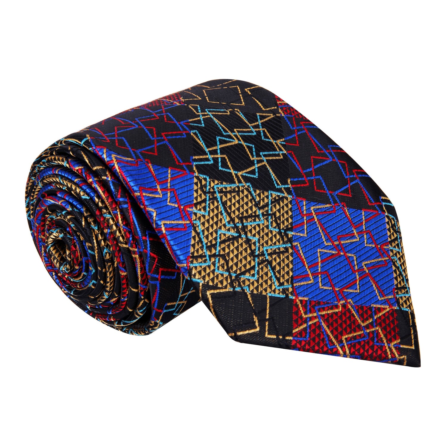 A Red, Blue, Yellow Geometric Abstract Diamond Pattern Silk Necktie 