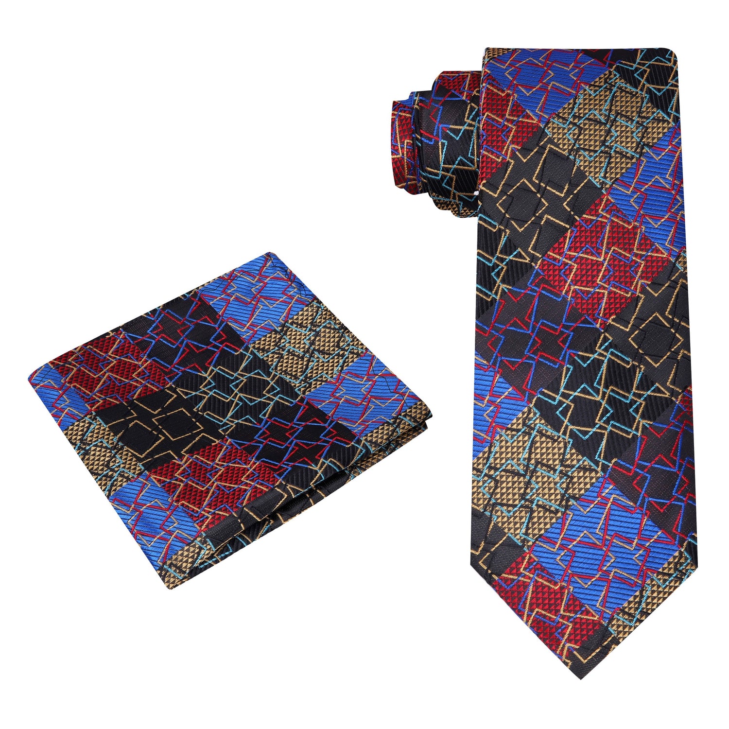 View 2: A Red, Blue, Yellow Geometric Abstract Diamond Pattern Silk Necktie, Matching Pocket Square