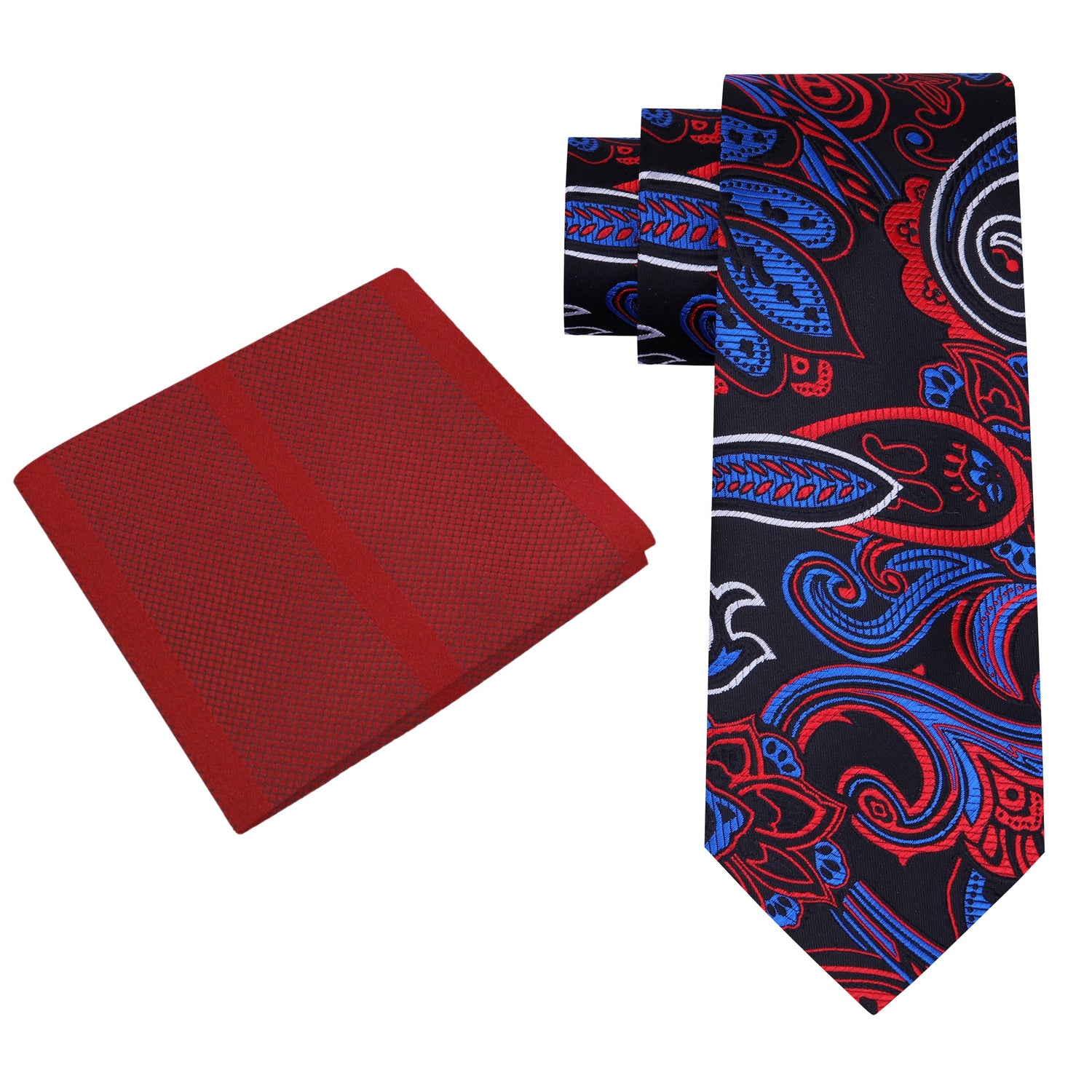 Alt View: Black, Red, White, Blue Paisley With Red Stripe Pocket Square