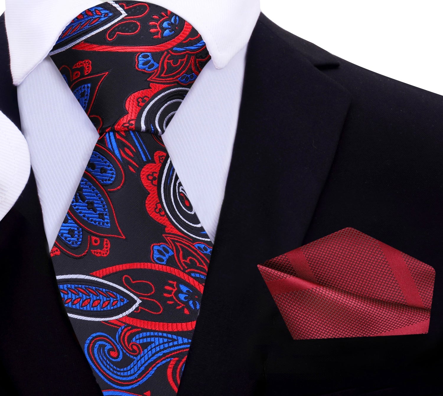 Black, Red, White, Blue Paisley With Red Stripe Pocket Square
