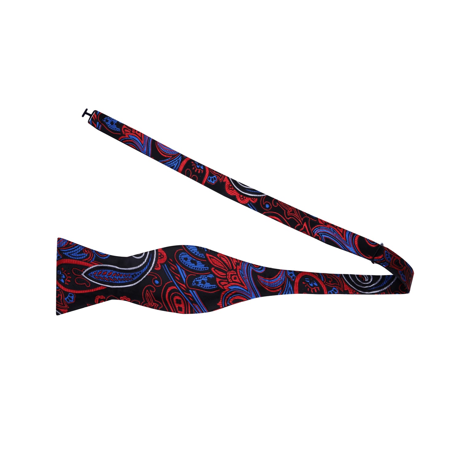 A Black, Red, Blue, White Paisley Pattern Silk Self Tie Bow Tie Untied