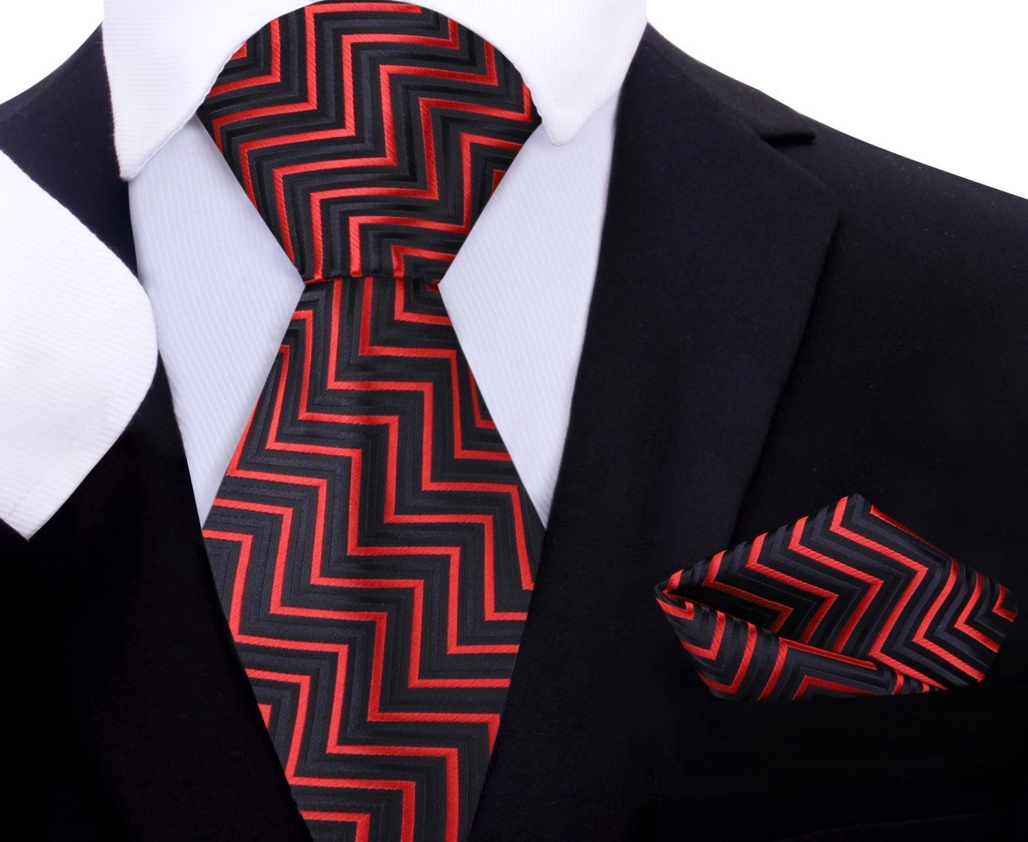Main View: A Red, Black Geometric Pattern Silk Necktie With Matching Pocket Square