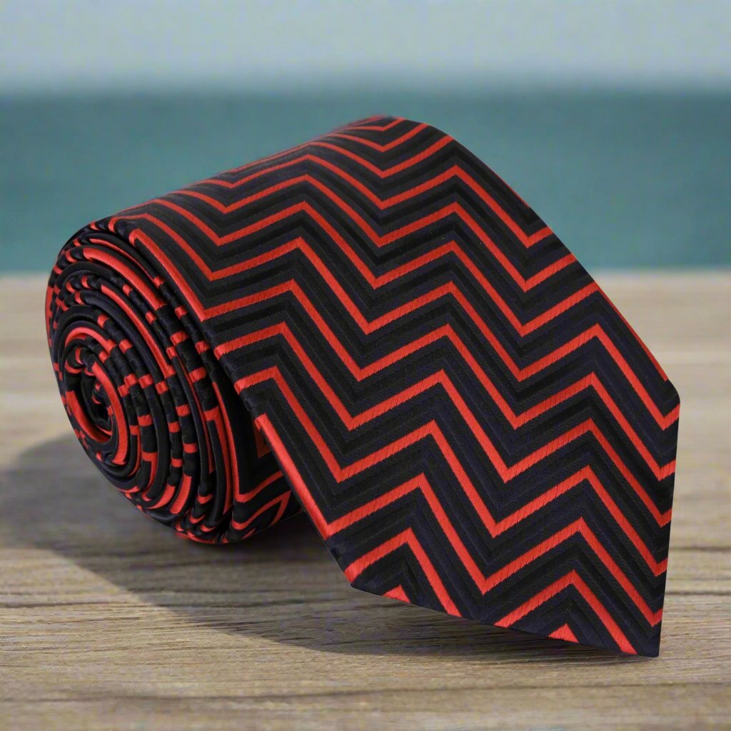 A Red, Black Geometric Pattern Silk Necktie  