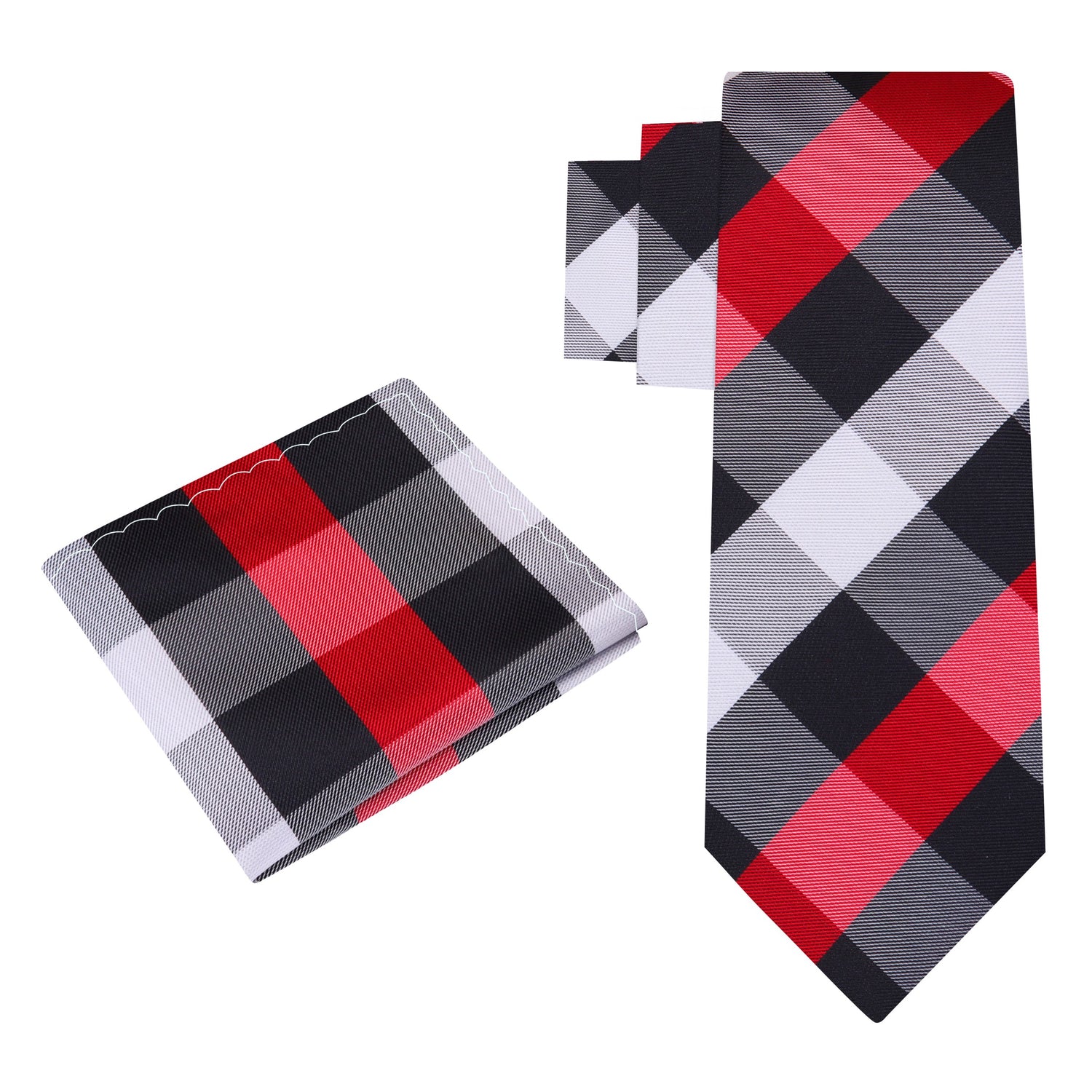 Alt View: A Red, Black, Grey Plaid Pattern Silk Necktie, Matching Pocket Square
