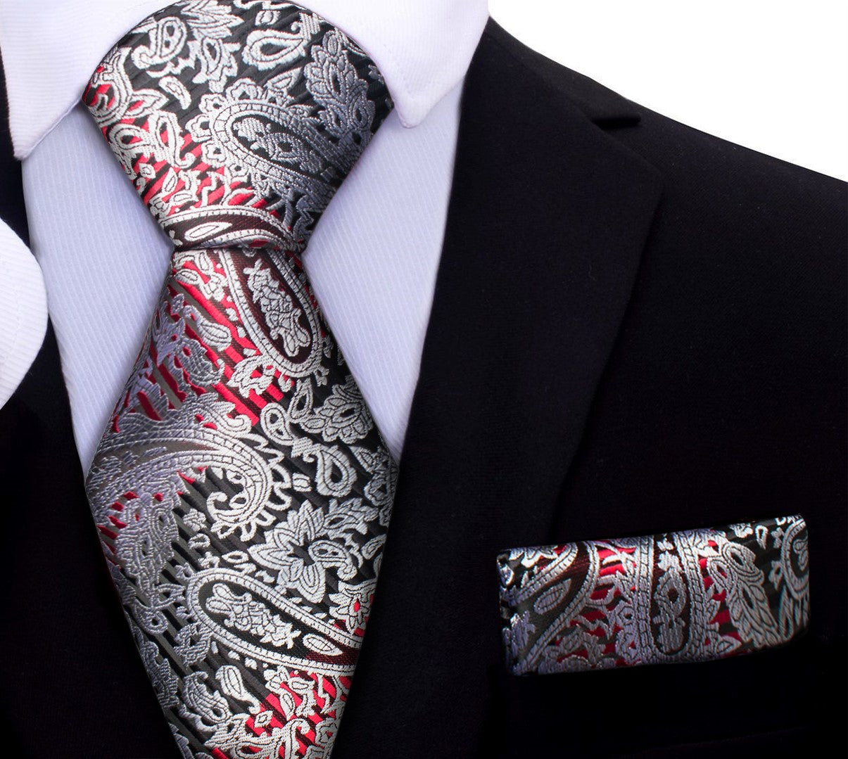 Red, Black, Grey Paisley Tie and Pocket Square