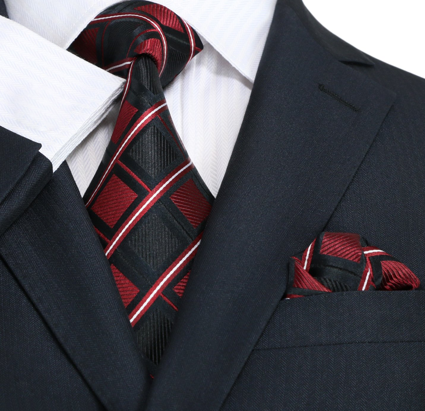 Main View: A Black, Red, White Geometric Diamond and Stripe Pattern Silk Necktie, Matching Pocket Square