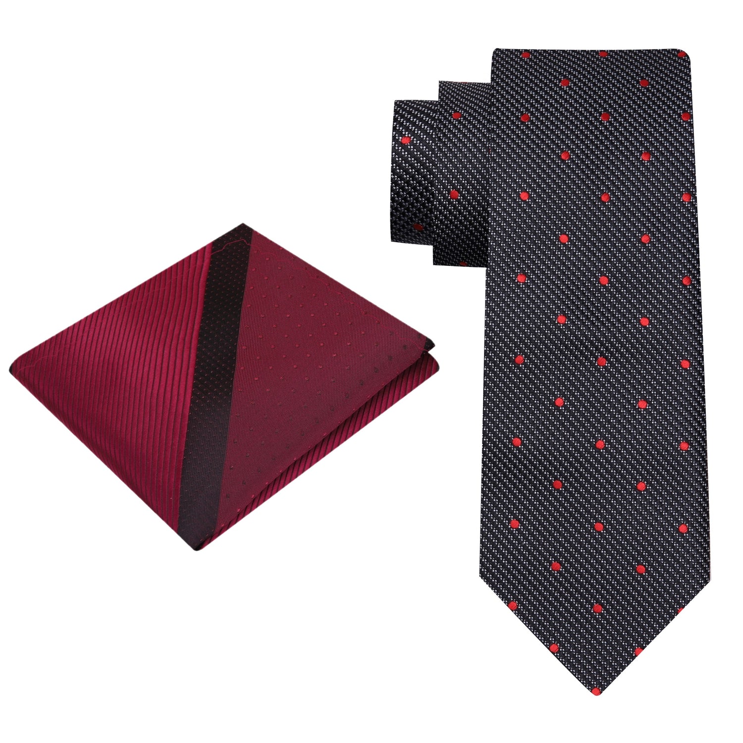 Alt View: A Black, Red Polka Dot With Check Pattern Silk Necktie, Dark Red Pocket Square