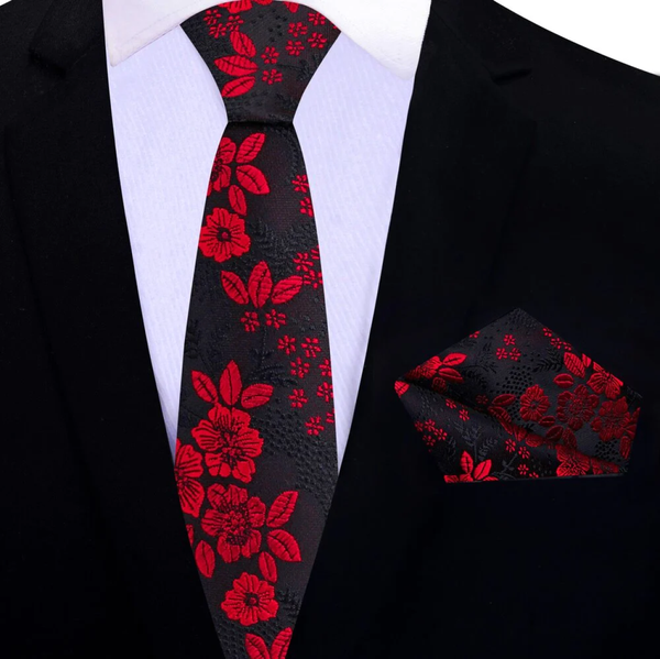 Black and Red Floral Tie and Pocket Square Set